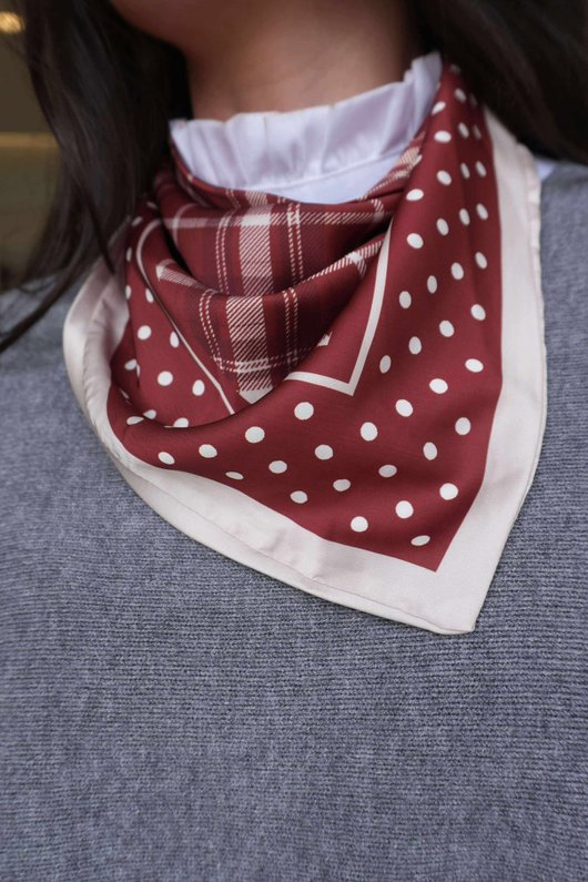 Plaid & Polka Border Triangle Silk Neckerchief Deep Rust